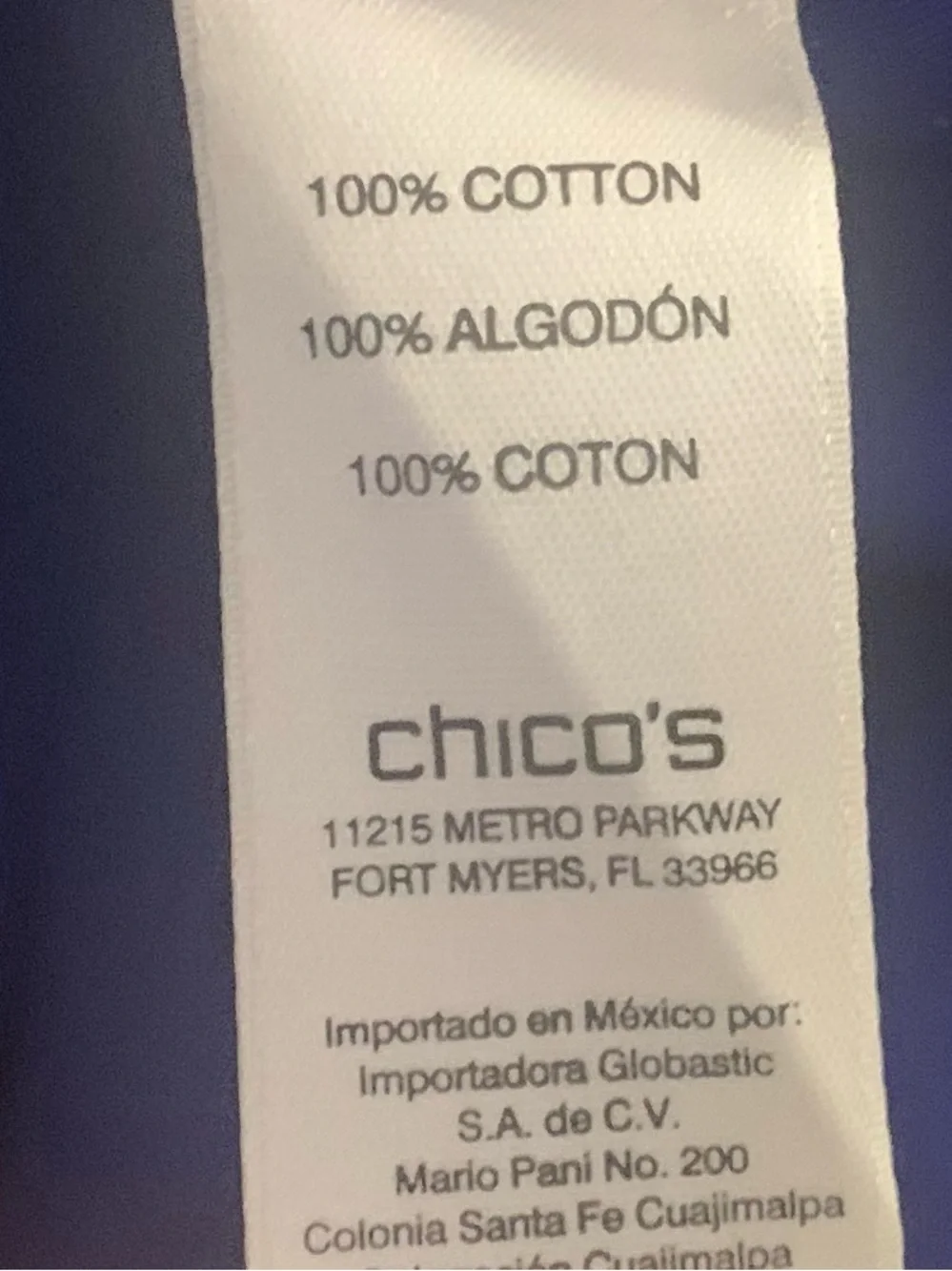 CHICO’S 100% Cotton Long Blue Top